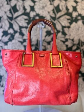 Chloe Authentic Coral-Red Leather Tote with Gold Square Hardware EUC